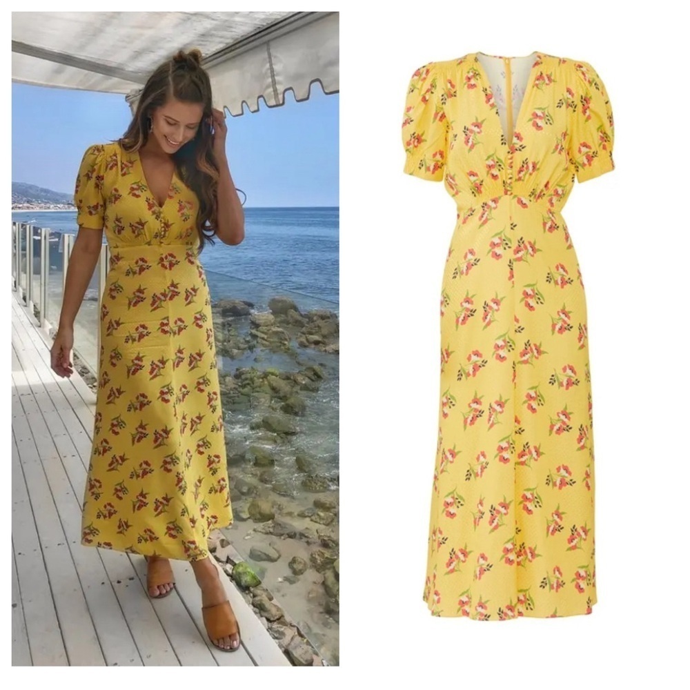 Jill Stuart puff sleeve floral print midi dress yellow 22774